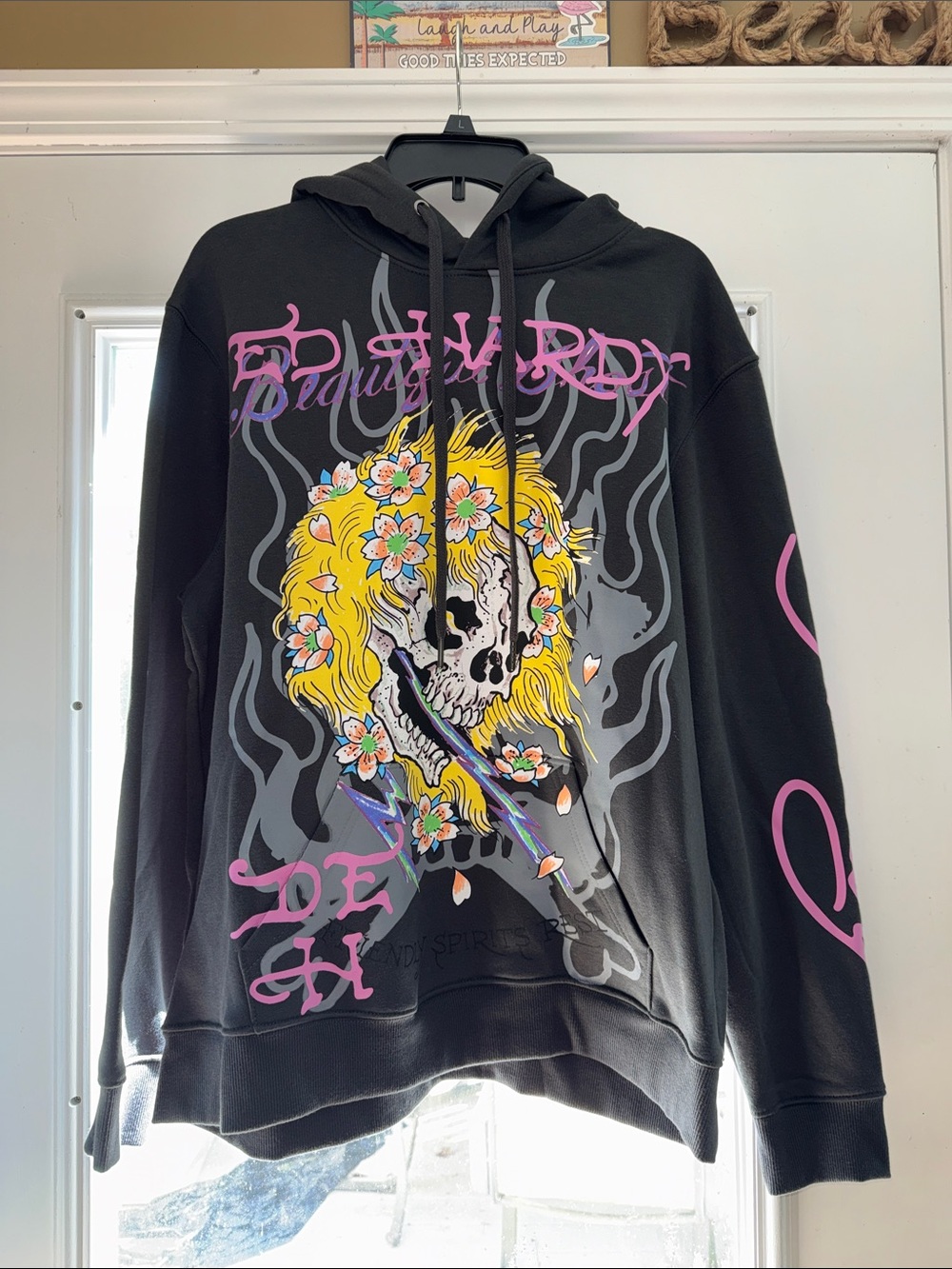 Ed Hardy Black Hoodie with Yellow Skull & Pink Accents L